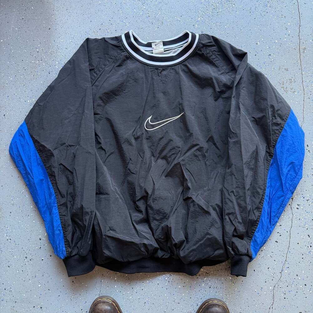 Vintage 90s Nike Center Swoosh Nylon Windbreaker Pullover Jacket Black Blue XXL
